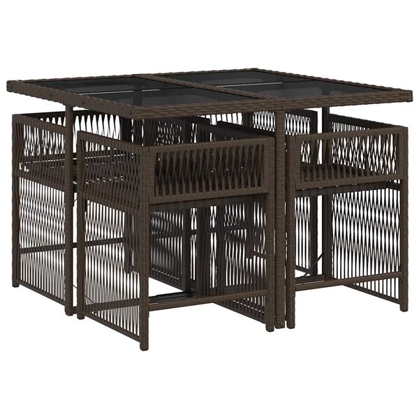 vidaXL 5 pcs conjunto jantar p/ jardim c/ almofad&otilde;es vime PE castanho