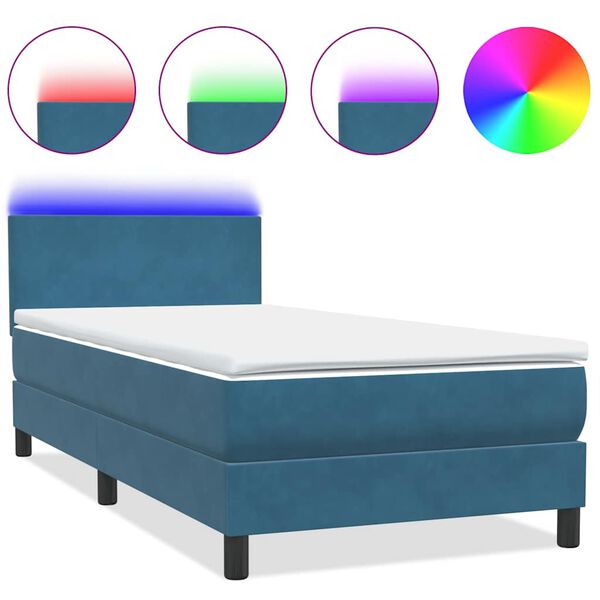 vidaXL Cama box spring c/ colch&atilde;o e LED 90x220 cm veludo azul-escuro