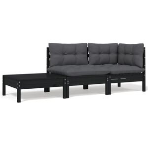 vidaXL 3 pcs conjunto lounge jardim c/ almofad&otilde;es pinho maci&ccedil;o preto