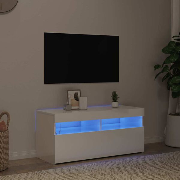 vidaXL Móvel de TV com luzes LED 90x35x40 cm branco brilhante