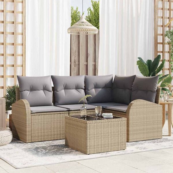 vidaXL Conjunto de Sof&aacute; de Jardim 5 pcs Bege e cinza claro vime PE