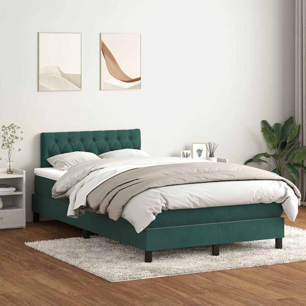 vidaXL Cama box spring c/ colch&atilde;o e LED 120x220 cm veludo verde-escuro