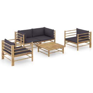 vidaXL 5 pcs conj. lounge jardim em bambu c/ almofad&otilde;es cinza-escuro