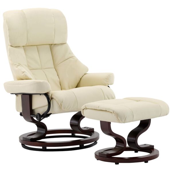 vidaXL Poltrona reclin. apoio de p&eacute;s couro artif./madeira curva creme