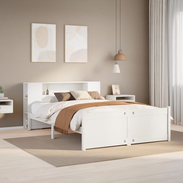 vidaXL Cama com estante sem colch&atilde;o 140x190 cm pinho maci&ccedil;o branco