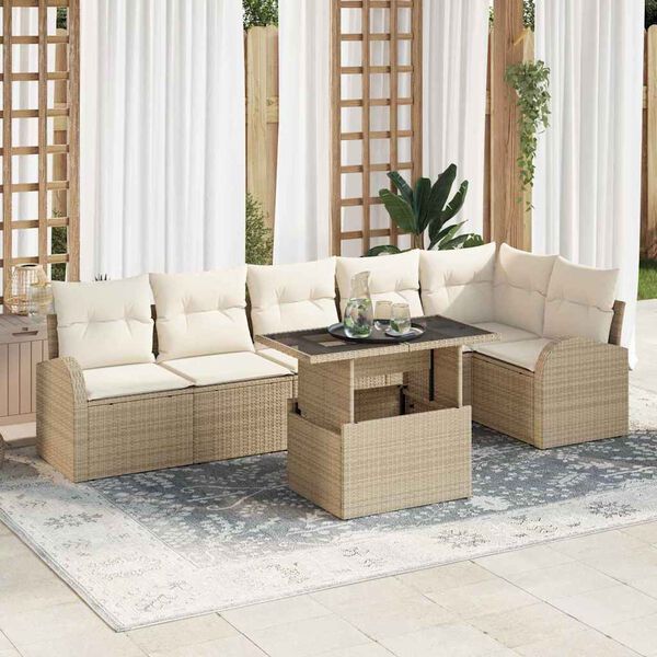 vidaXL Conjunto de Sof&aacute; de Jardim Manual 7 pcs Bege Rattan Sint&eacute;tico
