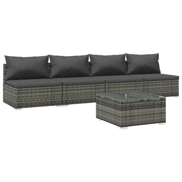 vidaXL 5 pcs conjunto lounge de jardim c/ almofad&otilde;es vime PE cinzento