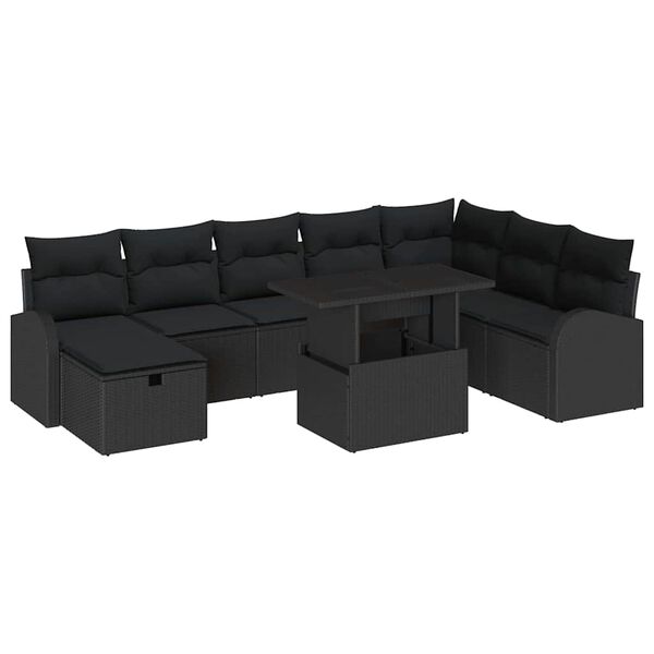 vidaXL Conjunto de Sof&aacute; de Jardim 9 pcs Preto Rattan Sint&eacute;tico