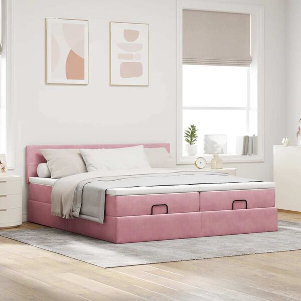 moldura de cama otomana vidaXL com colch&atilde;o rosa 200x200cm Veludo