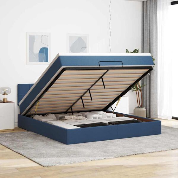 vidaXL Estrutura de cama otomana com colch&atilde;o 160x200 cm tecido azul