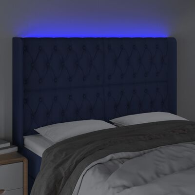 vidaXL Cabeceira de cama c/ luzes LED tecido 163x16x118/128 cm azul