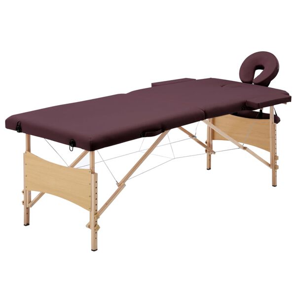 vidaXL Mesa de massagens dobrável 2 zonas madeira roxo tinto