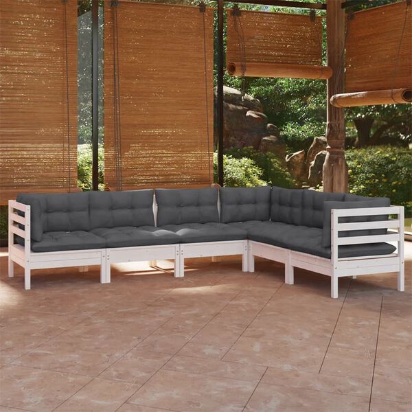 vidaXL 6 pcs conj. lounge de jardim c/ almofadões pinho maciço branco