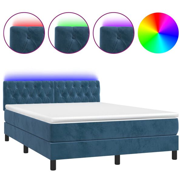 vidaXL Cama box spring c/ colch&atilde;o/LED 140x200 cm veludo azul-escuro