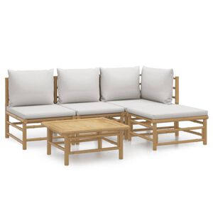 vidaXL 5 pcs conj. lounge de jardim bambu c/ almofad&otilde;es cinzento-claro
