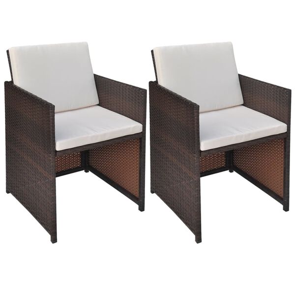 vidaXL Cadeiras jardim 2 pcs c/ almofadões, almofadas vime PE castanho