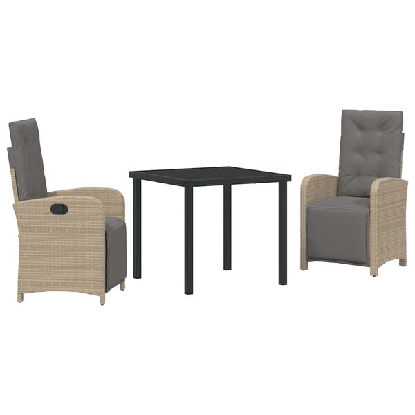 vidaXL Conjunto de Jantar para Jardim com almofada 3 pcs Bege vime PE