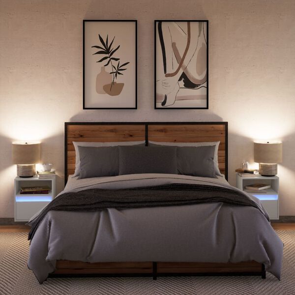 vidaXL Mesas de cabeceira de parede com luzes LED 2 pcs branco