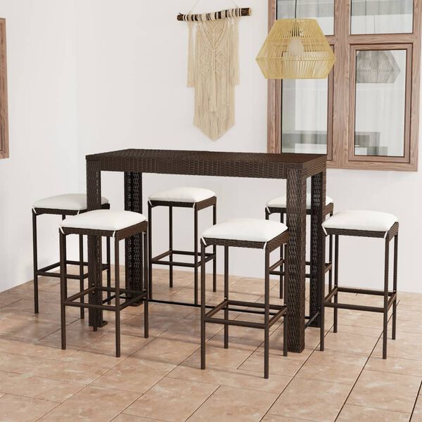 vidaXL 7 pcs conjunto de bar p/ jardim com almofad&otilde;es vime PE castanho