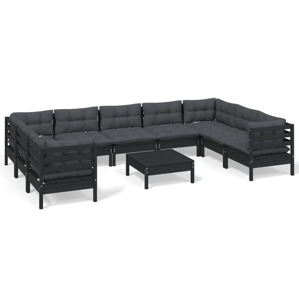 vidaXL 10 pcs conjunto lounge de jardim c/ almofadões pinho preto