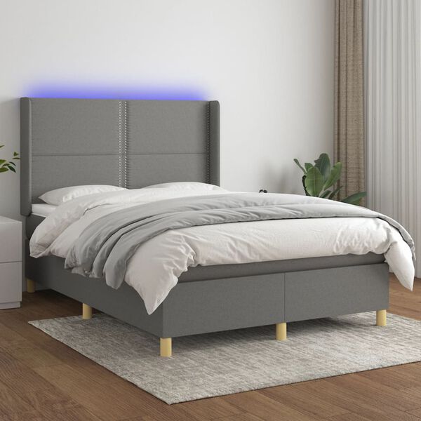 vidaXL Cama box spring c/ colch&atilde;o e LED 140x200 cm tecido cinza-escuro