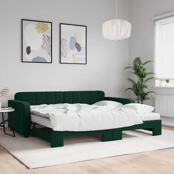 vidaXL Sof&aacute;-cama c/ gavet&atilde;o e colch&otilde;es 90x200cm veludo verde-escuro