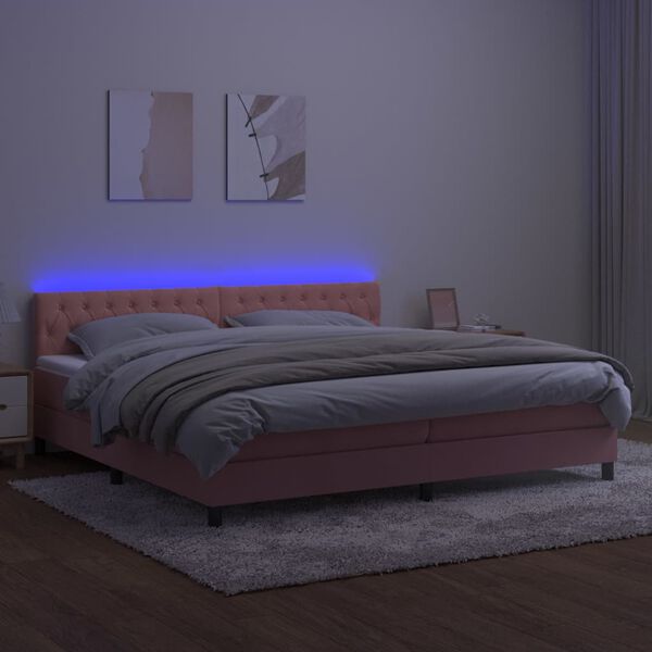 vidaXL Cama box spring c/ colchão/LED 200x200 cm veludo rosa