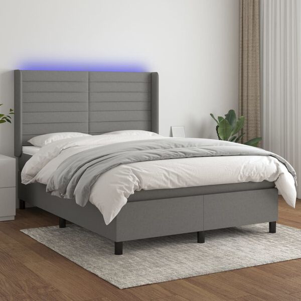 vidaXL Cama box spring c/ colch&atilde;o e LED 140x190 cm tecido cinza-escuro