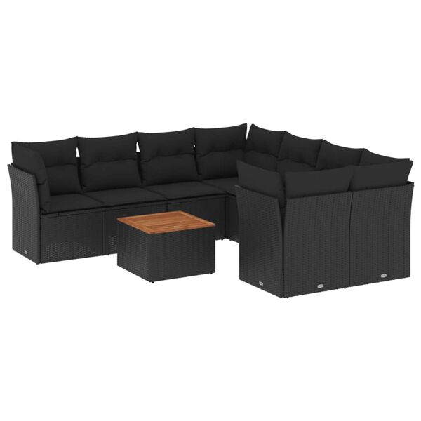 vidaXL 9 pcs conjunto de sof&aacute;s p/ jardim c/ almofad&otilde;es vime PE preto