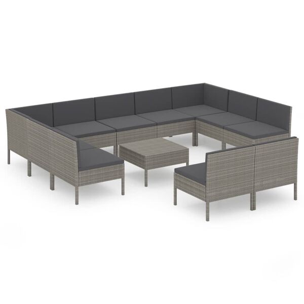 vidaXL 12 pcs conjunto lounge de jardim c/ almofad&otilde;es vime PE cinzento