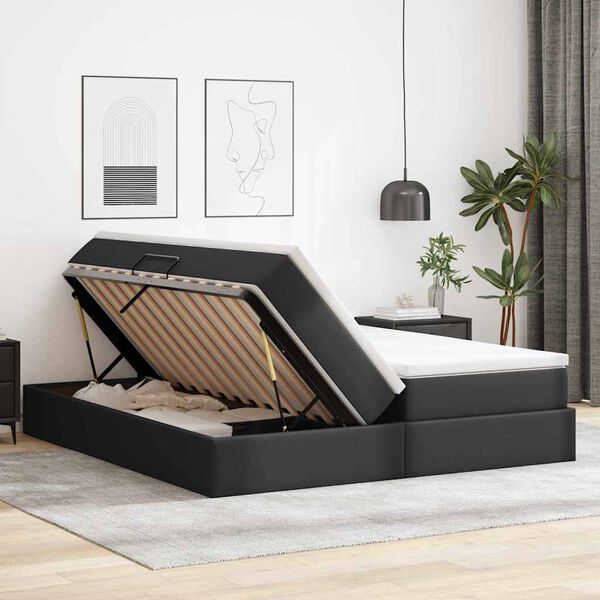vidaXL Cama com arruma&ccedil;&atilde;o e colch&atilde;o Preto 200 x 200 cm Couro Sint&eacute;tico