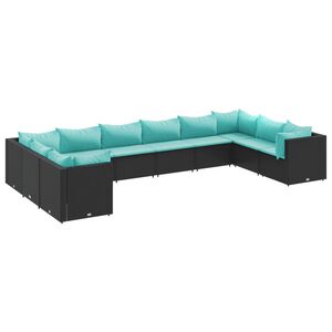 vidaXL 10 pcs conjunto lounge de jardim c/ almofad&otilde;es vime PE preto