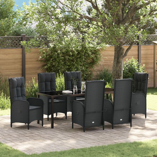 vidaXL Conjunto de Jantar para Jardim com almofada 7 pcs Preto vime PE