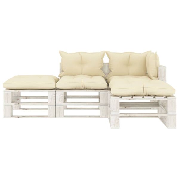 vidaXL 4 pcs conjunto lounge de jardim em paletes c/ almofad&otilde;es creme