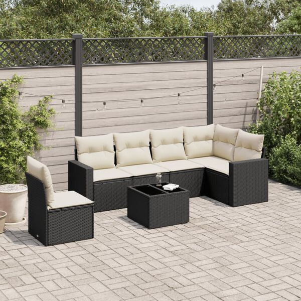 vidaXL 7 pcs conjunto de sof&aacute;s p/ jardim c/ almofad&otilde;es vime PE preto