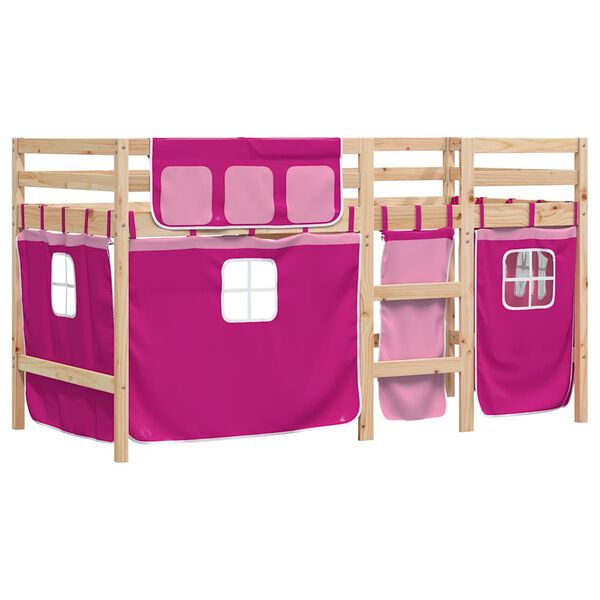 vidaXL Cama alta p/ crian&ccedil;a c/ cortinas 90x190 cm pinho maci&ccedil;o rosa