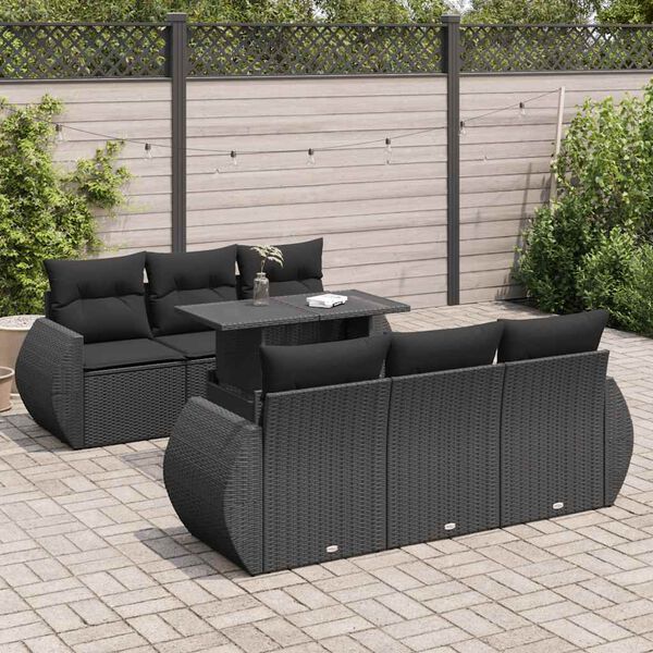 vidaXL 7 pcs conjunto de sof&aacute;s p/ jardim c/ almofad&otilde;es vime PE preto