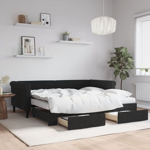 vidaXL Sofá-cama com gavetão e gavetas 90x190 cm veludo preto