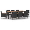 vidaXL 9 pcs conjunto de jantar p/ jardim c/ almofad&otilde;es vime PE preto