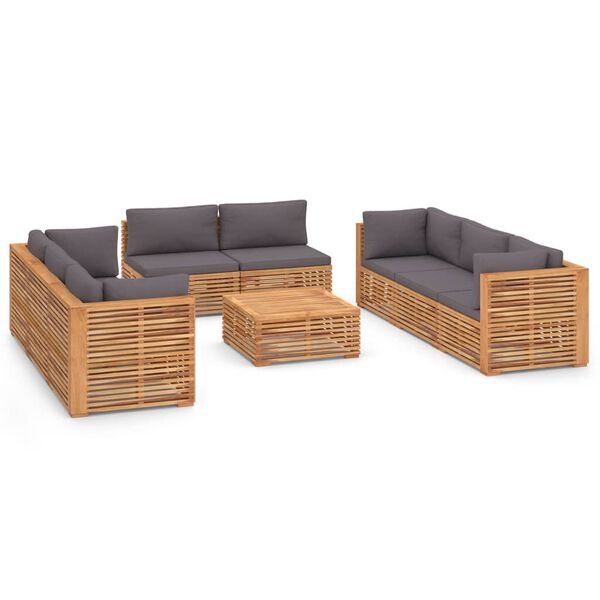 vidaXL 9 pcs conj. lounge jardim + almofad&otilde;es cinza-escuro teca maci&ccedil;a