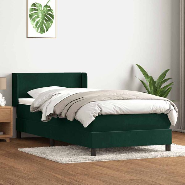 vidaXL Cama com molas/colch&atilde;o 90x220 cm veludo verde-escuro