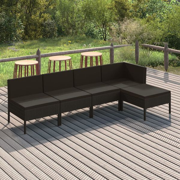 vidaXL 5 pcs conjunto lounge de jardim c/ almofadões vime PE preto