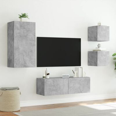 vidaXL 4 pcs móveis de parede para TV com luzes LED cinzento cimento