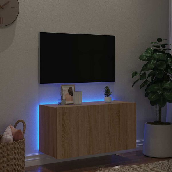 vidaXL M&oacute;vel de parede p/ TV c/ luzes LED 80x35x41 cm carvalho sonoma