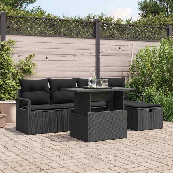 vidaXL Conjunto de Sof&aacute; de Jardim 6 pcs Preto Rattan Sint&eacute;tico