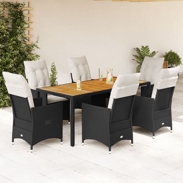vidaXL 7 pcs conjunto de jantar p/ jardim c/ almofad&otilde;es vime PE preto