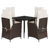vidaXL 5 pcs conjunto jantar p/ jardim c/ almofad&otilde;es vime PE castanho