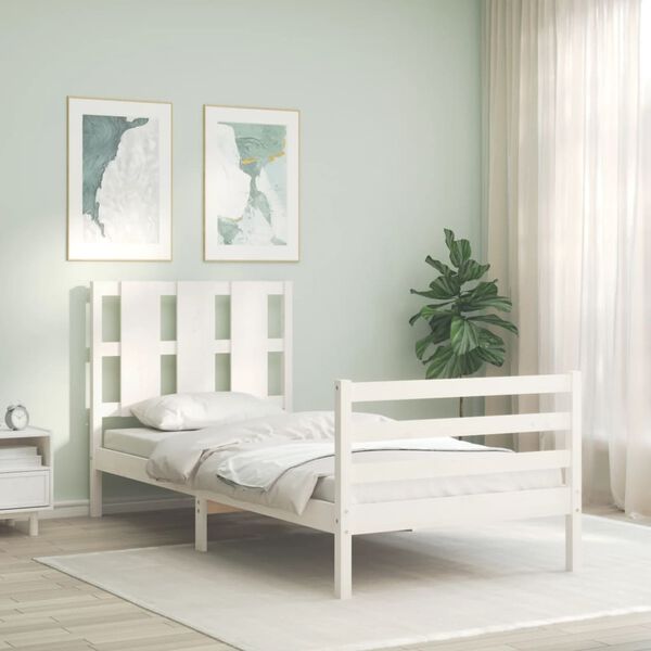 vidaXL Estrutura de cama com cabeceira 100x200cm madeira maci&ccedil;a branco