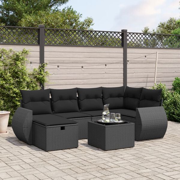 vidaXL 7 pcs conjunto de sof&aacute;s p/ jardim c/ almofad&otilde;es vime PE preto