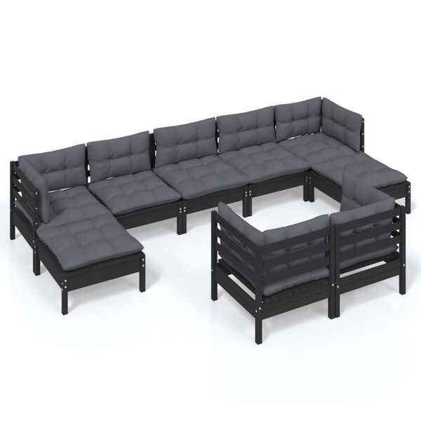 vidaXL 9 pcs conjunto lounge jardim c/ almofad&otilde;es pinho maci&ccedil;o preto